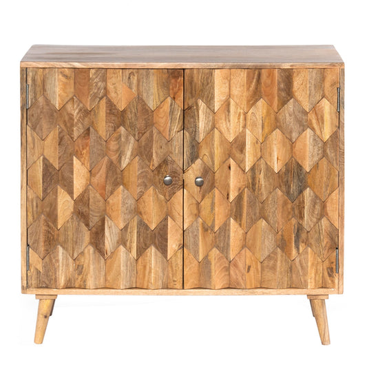 36 Inch Handcrafted Accent Cabinet; 2 Honeycomb Inlaid Doors; Mango Wood; Natural Brown