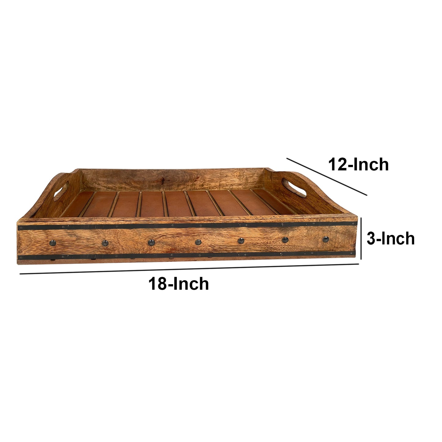 18 Inch Handcrafted Rectangular Mango Wood Decorative Serving Tray, Rivet Accents, Metal Trim, Natural Brown