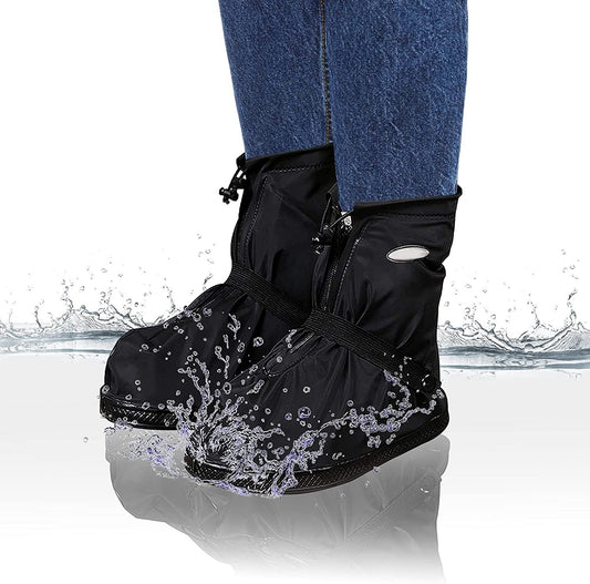Short Waterproof Shoe Covers for Rain. 2 Pairs of XX-Large Reusable Walking Boot Covers with Rubber Sole. Non-Slip PVC Galoshes for Women and Men. Pack of 4 Zipper Front Protectors for Outdoors.