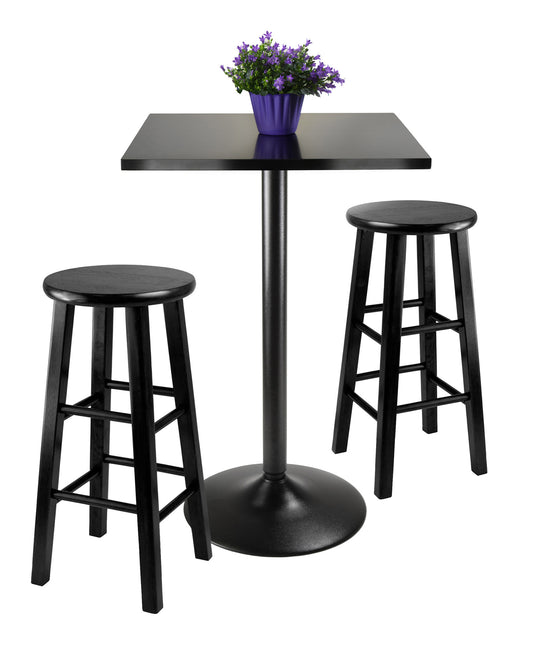 3pc Counter Height Dining Set; Black Square Table Top and Black Metal Legs with 2 Wood Stools