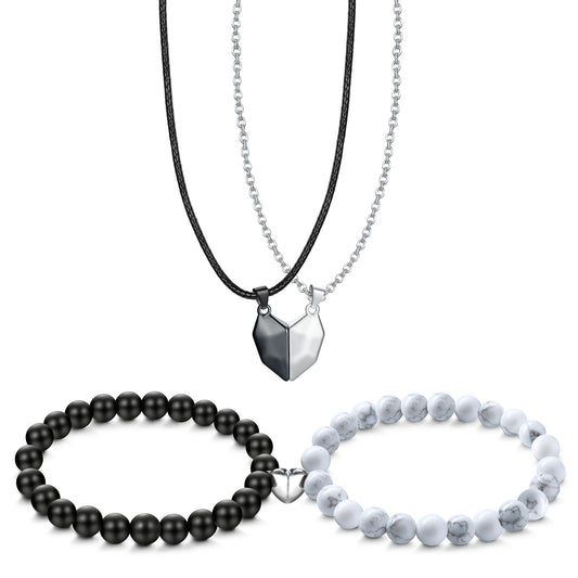 4 PCS Couple Necklace Bracelet Set for Men Women; Magnetic Puzzle Pendant Heart Necklace Bracelet Matching Bracelets Gift for Couple Best Friend