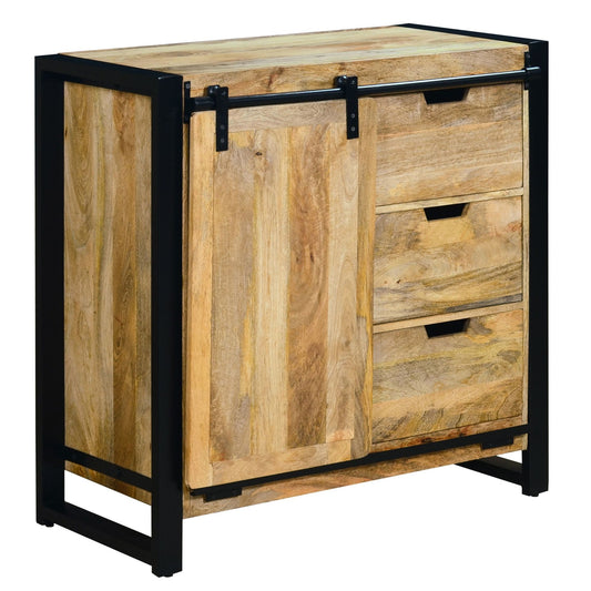 35 Inch 3 Drawer Storage Cabinet; 1 Barn Sliding Door; Mango Wood; Brown and Black