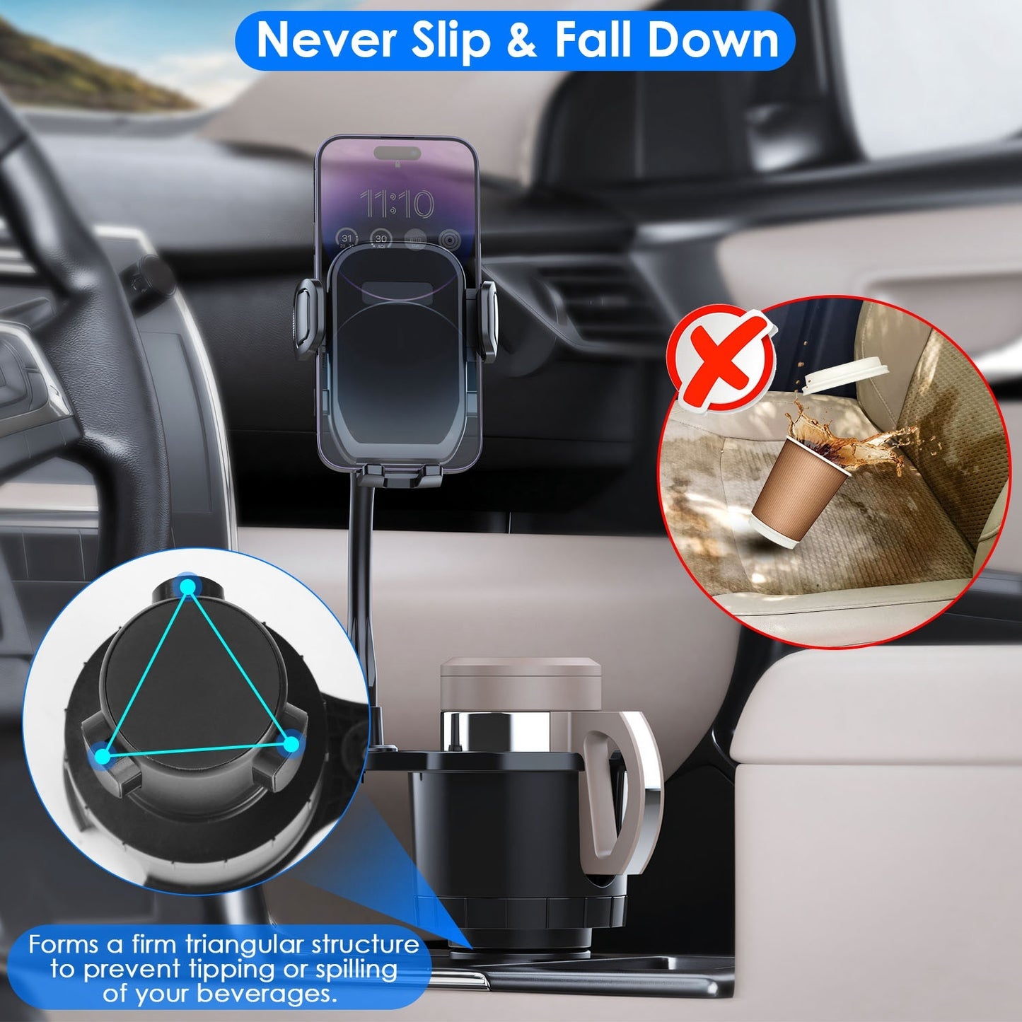 2 In 1 Car Cup Phone Holder Automotive Drink Holder with 360° Rotating Gooseneck Phone Mount Adjustable Base Fit for Most Phones Cups Vehicles