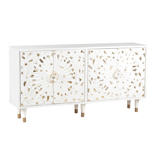 4 Door Wooden Sideboard with Engraved Sunburst Design Front, White and Gold